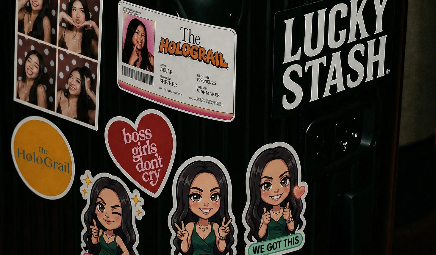 Luggage covered in custom photo stickers