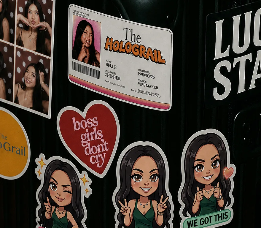 Luggage covered in custom photo stickers